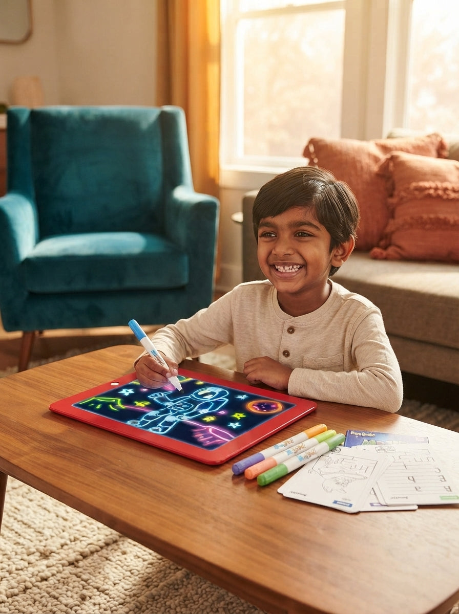 South Asian child drawing on a glowing LED art tablet with markers and stencils in a modern, warmly decorated living room.